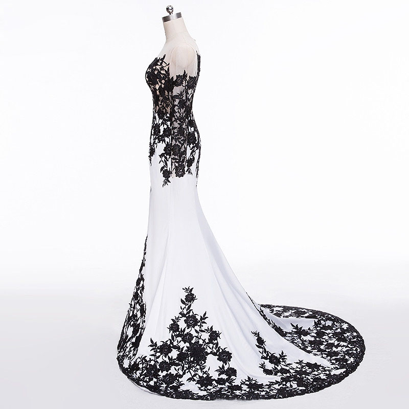 Sexy White and Black Evening Dresses Illusion Sheer Neckline Long Sleeves Chiffon Tulle Floral Applique Sweep Train Prom Dress Plus Size