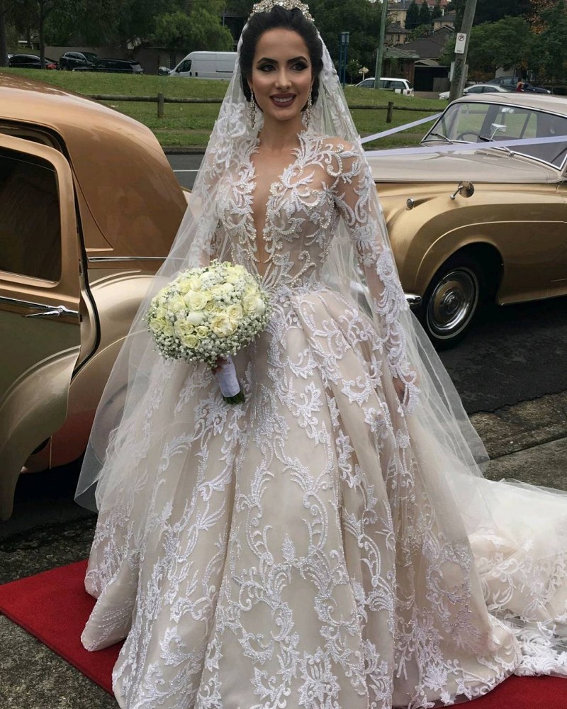 Long Sleeves Deep V Neck Lace Ball Gown Dresses With Free Veils Applique Beads Beach Wedding Dress Sweep Train Cheap Bridal Gowns