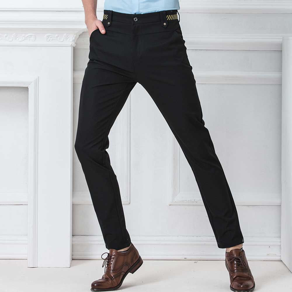 Wholesale- Flat Front Men's Business Pants Fitted Casual Work Trousers Tailored Formal Wear Solid Color Black Navy Blue  Quality