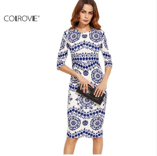 COLROVIE Blue And White Porcelain Print Slim Pencil Dress Office Ladies Work Wear Round Neck 3/4 Sleeve Midi Dress
COLROVIE Blue And White Porcelain Print Slim Pencil Dress Office Ladies Work Wear Round Neck 3/4 Sleeve Midi Dress