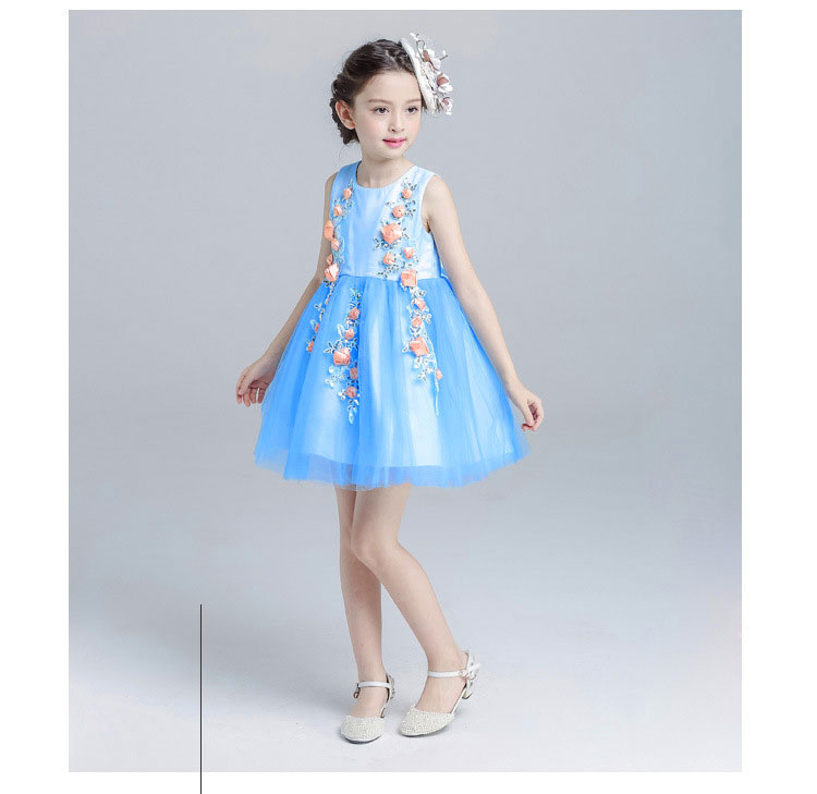 summer 2017 New Princess birthday party Dress 4-12T Blue Color Flower Girls Dress For Wedding Children's Clothing for Teenager Girls
