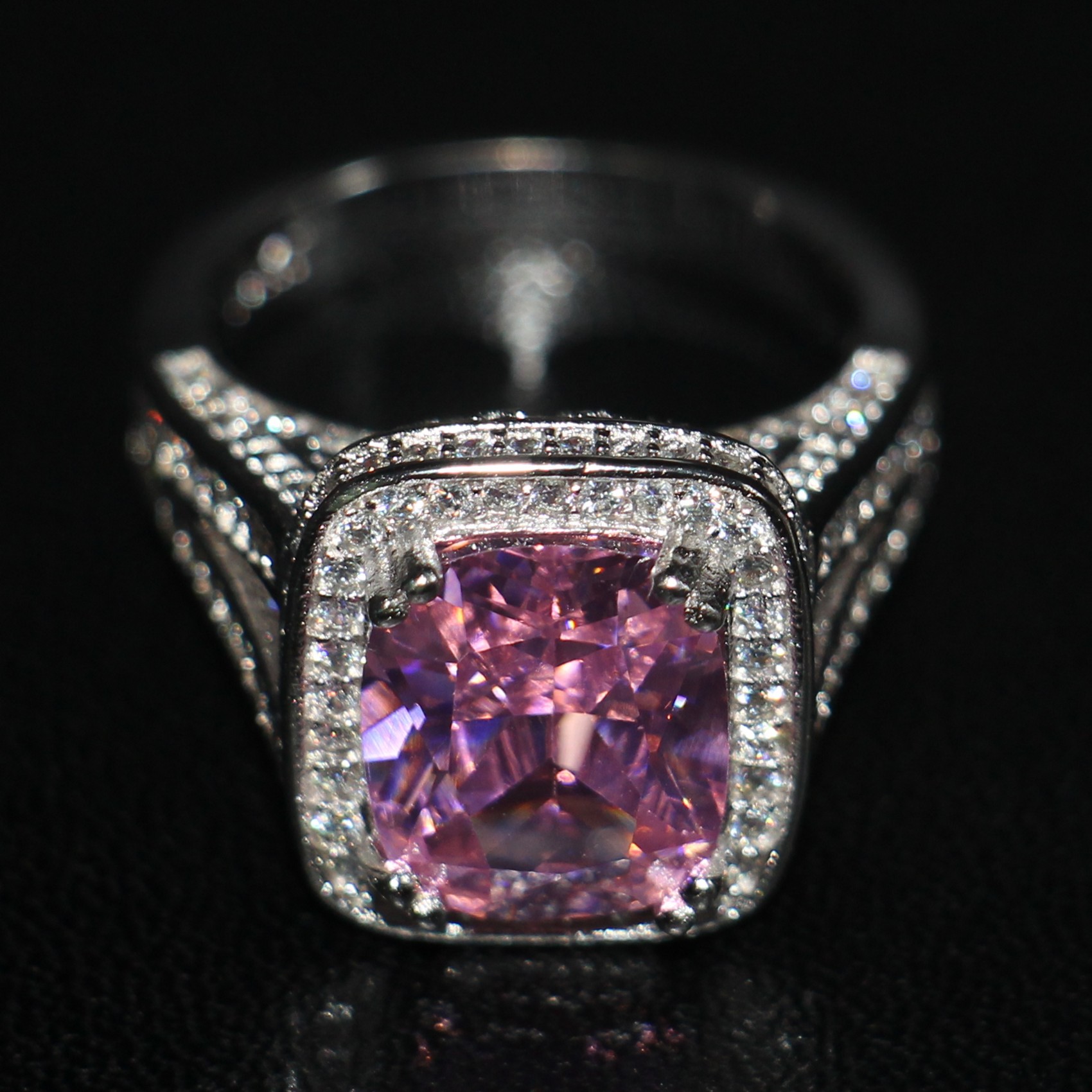 Top Sell Luxury Jewelry Solitaire 14KT White Gold Filled Cushion Shape Big Pink Sapphire Gemstones Wedding Women Band Ring Gift Size 5-11