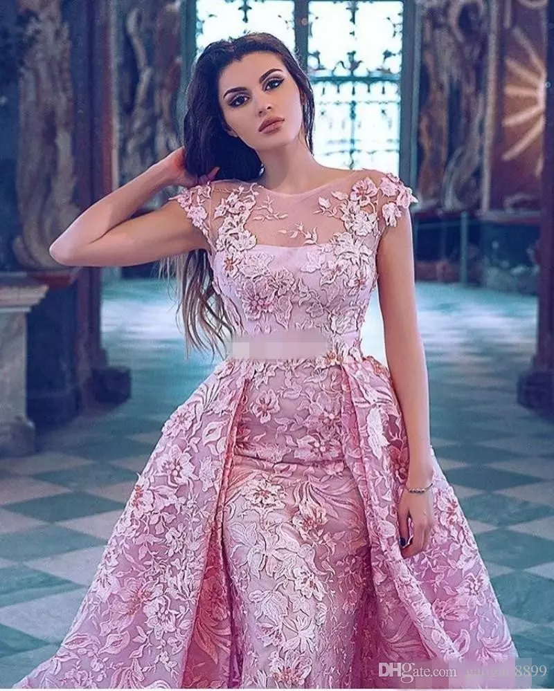 Luxury Pink Mermaid Prom Dresses With Detachable Train Lace Appliqued Formal Evening Gowns Short Sleeves Jewel Neckline Party Dress