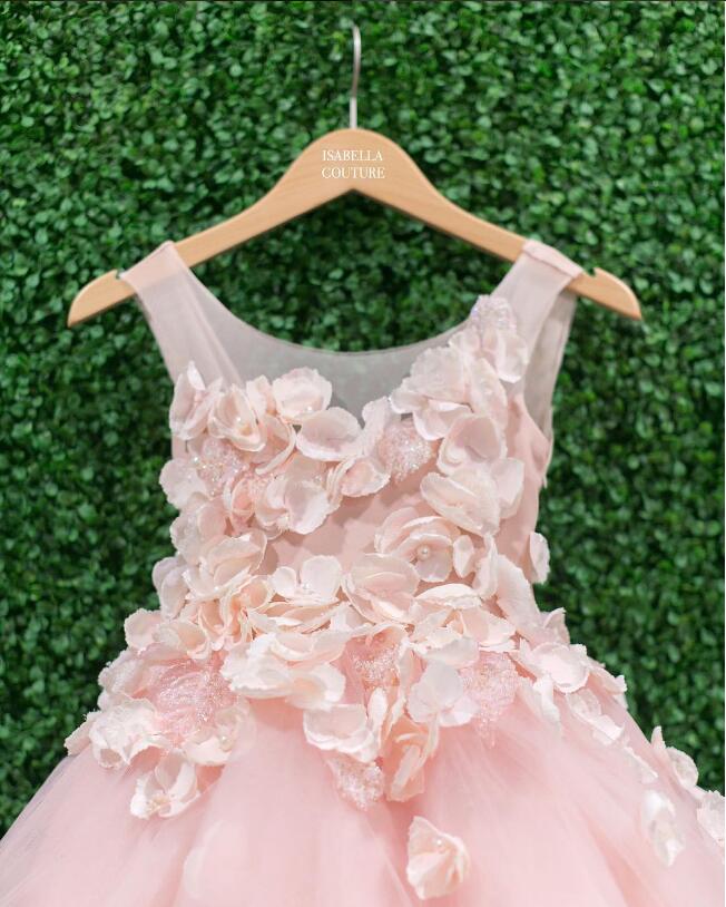 vintage blush childs wedding dress with handmade sheer neck and arabian flower design fg11