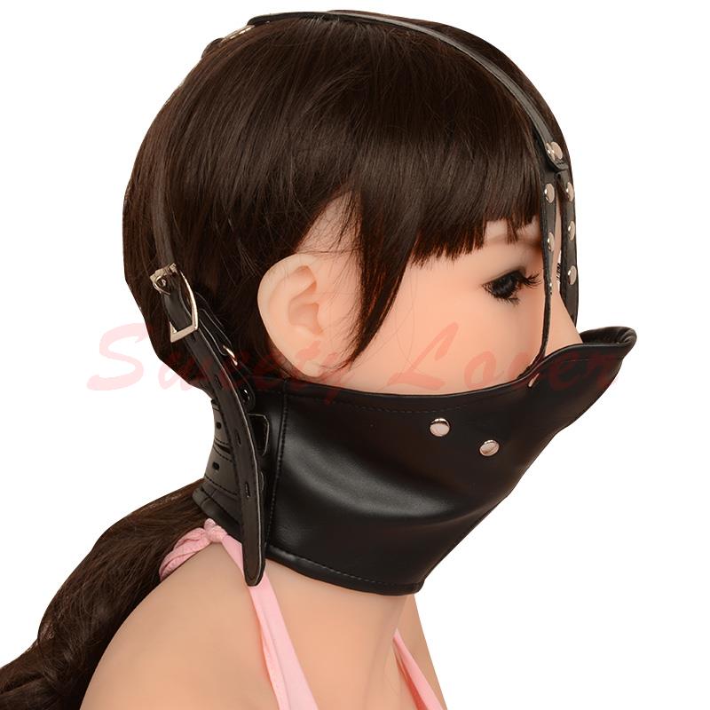 Adjustable Black PU Leather Sex Mask with Ball Mouth Gag Open Eyes Fetish Bondage Hood Restraints Headgear Unisex Sex Products 17901