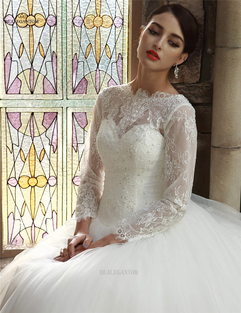 2017 Hot Sale Long Sleeves Lace Ball Gown Wedding Dresses Organza Appliques Cheap Vintage Plus Size Bridal Gowns BM25