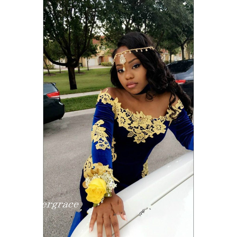 Sexy Long Sleeve Mermaid Prom Dress High Quality Royal blue Gold Appliques Formal Evening Party Gown Custom Made Plus Size