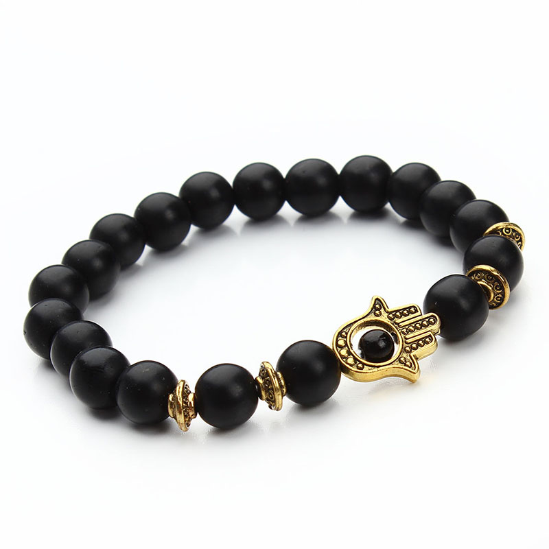 Wholesale-Drop Shipping!!! 8mm Natural Black Lava Energy Stone Beads Bracelet Gold Hamsa Hand Charm Bracelet Yoga Mala Bracelets F2830