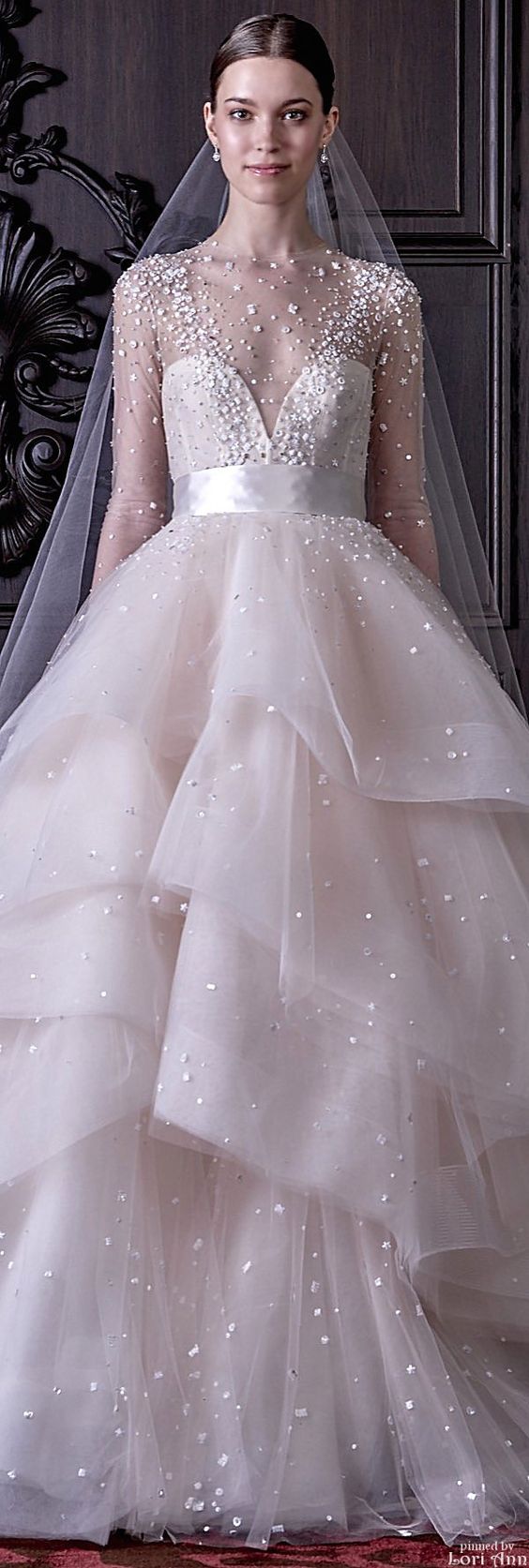 2022 Wedding Bridal Dress Sheer Neck A Line Sexy Long Sleeves Ruffles Tulle Illusion Back Pearls Beaded Monique Lhuillier Bridal Gowns