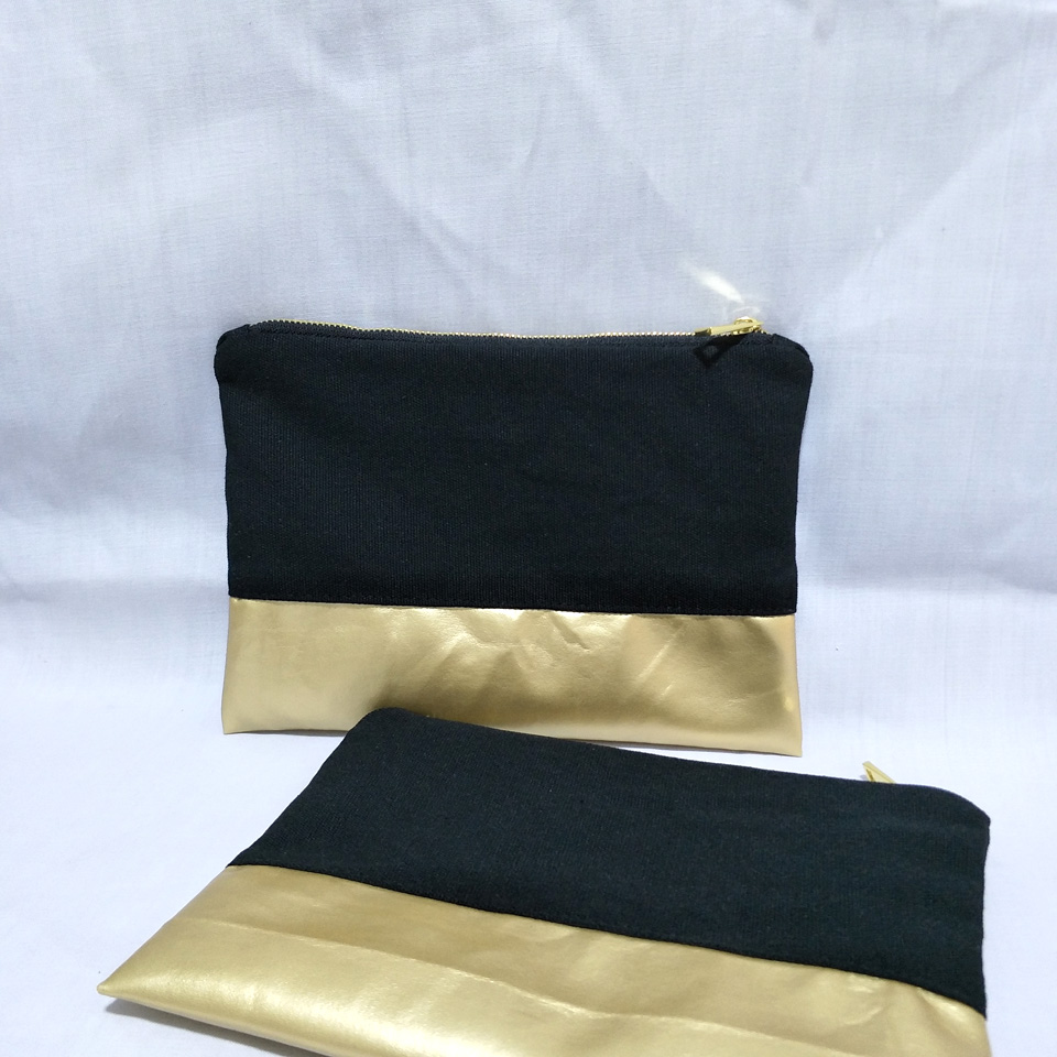 natural cotton canvas cosmetic bag with waterproof gold leather bottom matching color lining gold zip 7x10in makeup bag factory