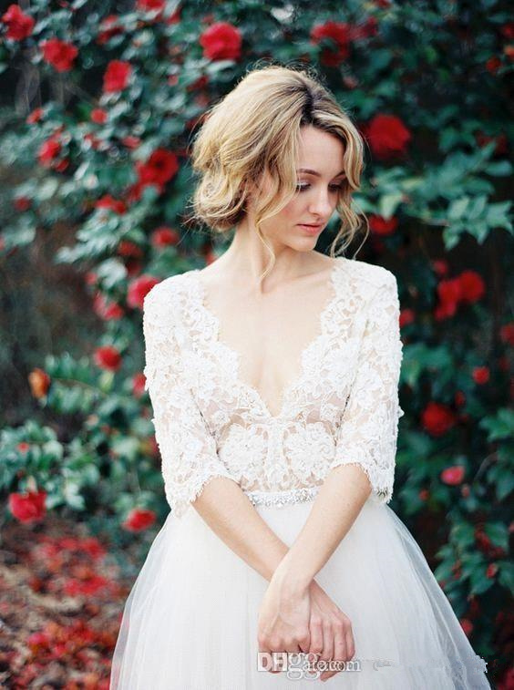 Garden Bohemian Dresses Country Boho Lace Wedding Half Long Sleeve Deep V Neck Bridal Gowns Puffy Tulle Skirt Custom Made 0510