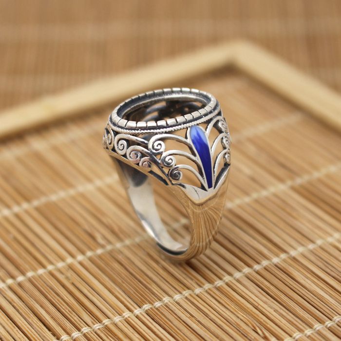 Fine Silver Sterling Silver 925 Cloisonne Enamel 12x16mm Oval Cabochon Semi Mount Ring
