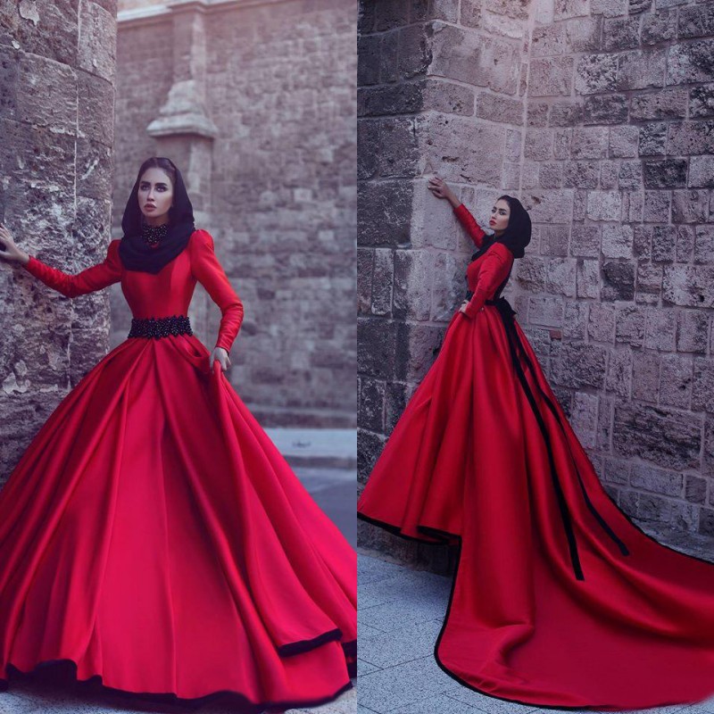 Muslim Wedding Dresses 2017 New Red High Neck Long Sleeve Black Beaded Sash Chapel Train Bridal Gowns Custom Made EN11299
