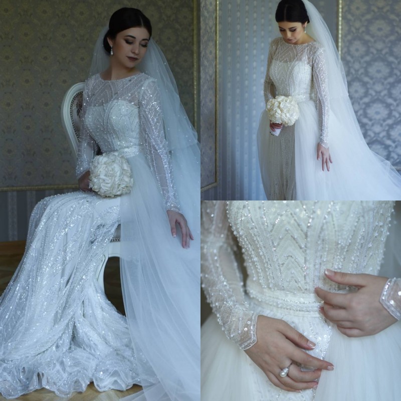 Illusion A Line Wedding Dress Dubai Full Beaded Shiny Sequins Luxury Long Sleeves Floor Length Detachable Skirt Custom Made Wedding Dresses