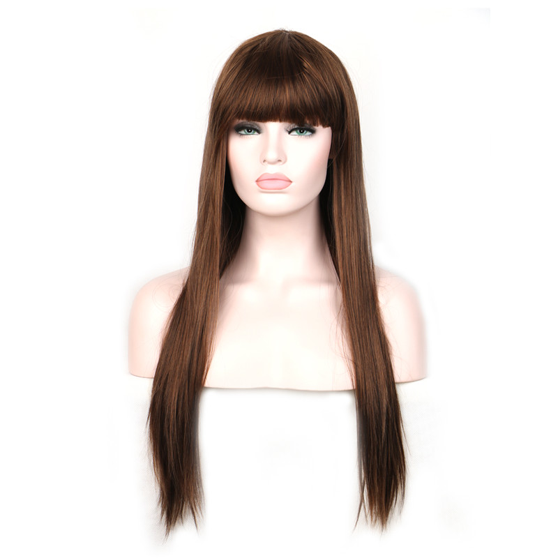 WoodFestival long straight hair wigs heat resistant synthetic fiber burgundy black brown flax wig with bangs 70cm realistic sof women