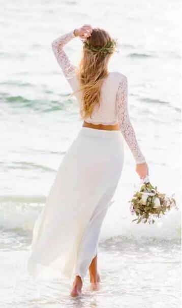 Simple 2017 Boho Beach Wedding Dresses Two Pieces Cheap Scoop Illusion Long Sleeves Lace And Chiffon Ankle Length Bridal Gowns Casual EN7245