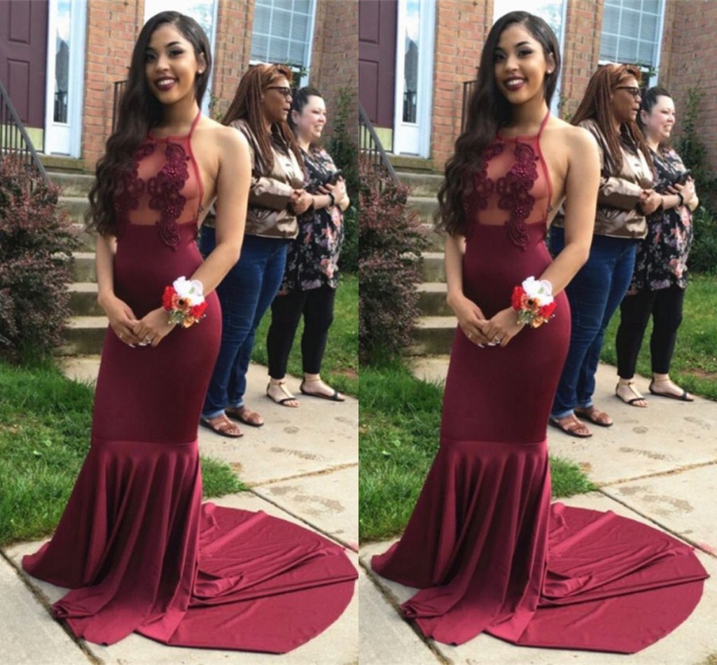 Burgundy Halter Mermaid Prom Dresses Appliques Lace Satin Backless Evening Gowns Dark Red Evening Dresses Sweep Train, Brown
Burgundy Halter Mermaid Prom Dresses Appliques Lace Satin Backless Evening Gowns Dark Red Evening Dresses Sweep Train, Brown
