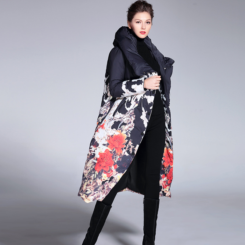 Wholesale- 2017 International brand Flower printing women winter jacket Long slim women Parka Coat White high collar warm Down jackets
