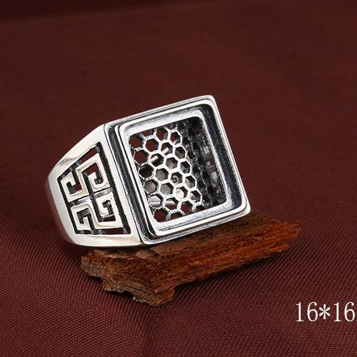 Fine Silver Art Nouveau 925 Sterling Silver Men Ring 9x9 /14x14 / 16x16mm Princess Cabochon Generous Jewelry Setting