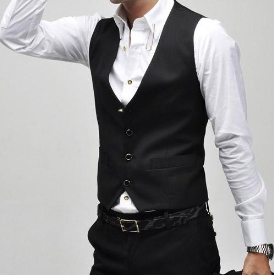 Wholesale- new version V neck vest men wholesale casual gilet Single breasted vests leisure suit for men colete black waistcoat
