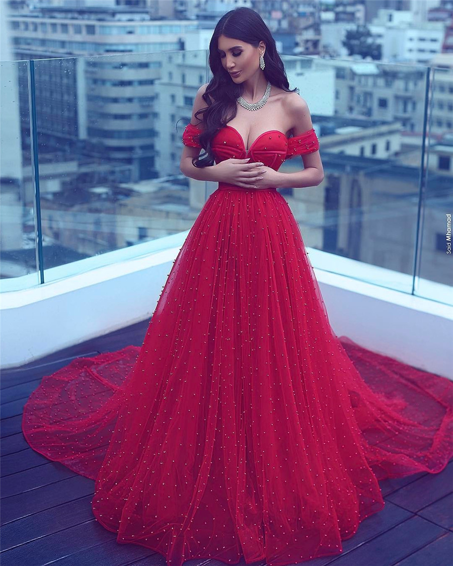 Saidmhamad Saudi Arabia Off the Shoulder Evening Dress Red Crystals Pearl Beading Sexy Sweetheart Party Prom Gowns