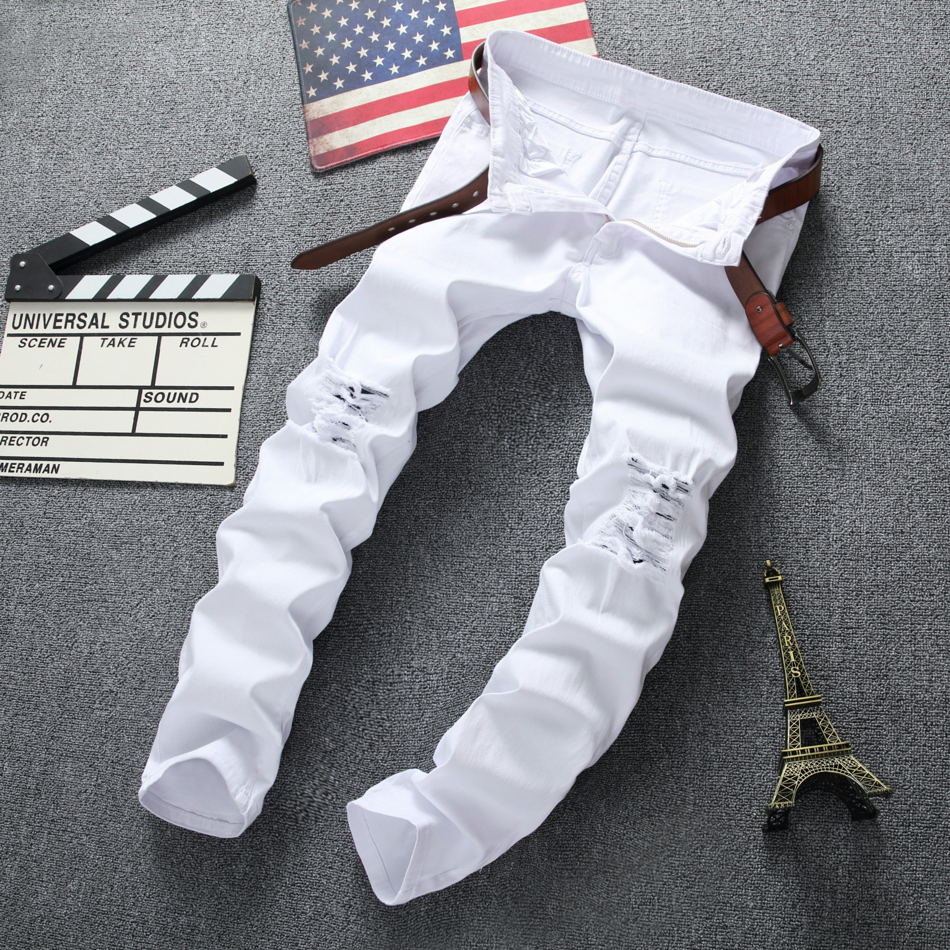 Men's Jeans Fashion Male Straight Slim Fit Biker Pants Distressed Skinny Ripped Destroyed Denim Washed Hip hop Trousers Black
