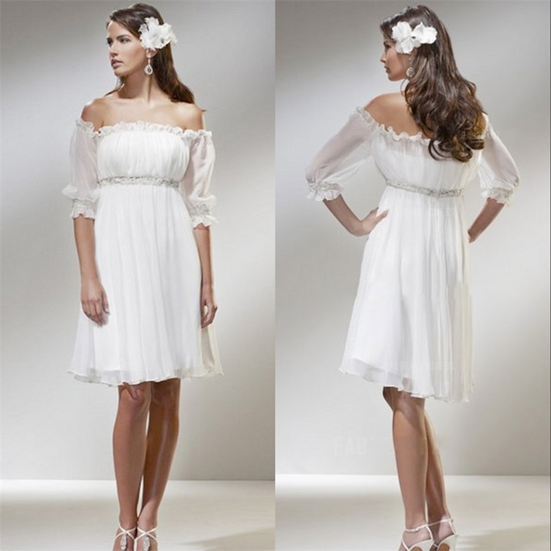Off the Shoulder A-Line Short Beach Wedding Dress Chiffon Strapless Beaded 3/4 Sleeves Knee-Length Bridal Gowns Empire Romantic