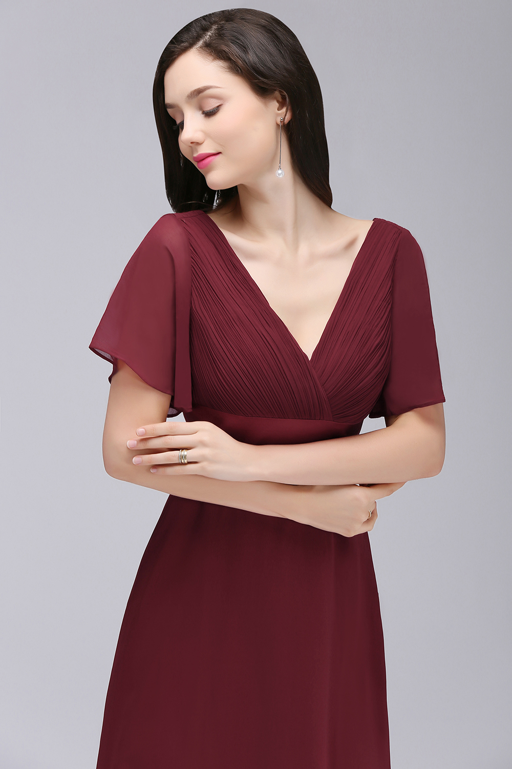 Wholesale Price Dark Red Long Chiffon Evening Dresses V Neck Low Back Flowy A Line Evening Party Gowns with Speaker Sleeves Cheap Online