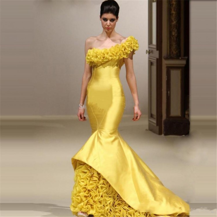 

2017 New Arabic Evening Dresses Sexy One Shoulder Yellow Mermaid Long Prom Dress Vestido Longo De Renda Party Gowns, Gold