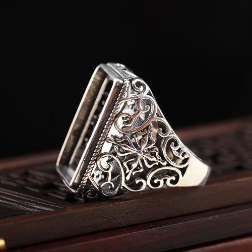 Fine Silver Silver 925 Art Deco Men Ring Generous 15.5x20mm Princess Cabochon Semi Mount
