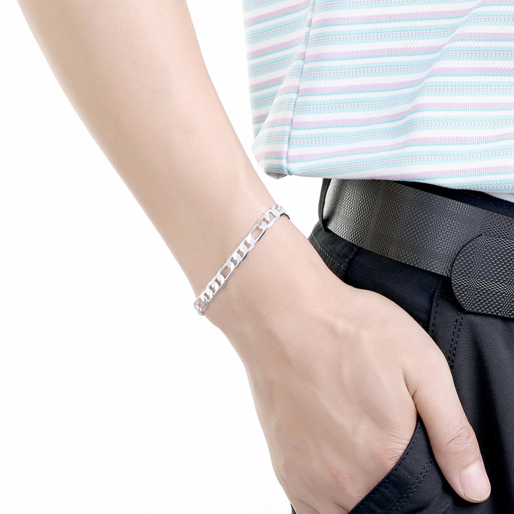 Wholesale-Silver plated male braclets mens jewelry 8 inches chain metal hand wrist jewelry for men wholesale retail porta joias bijuteria