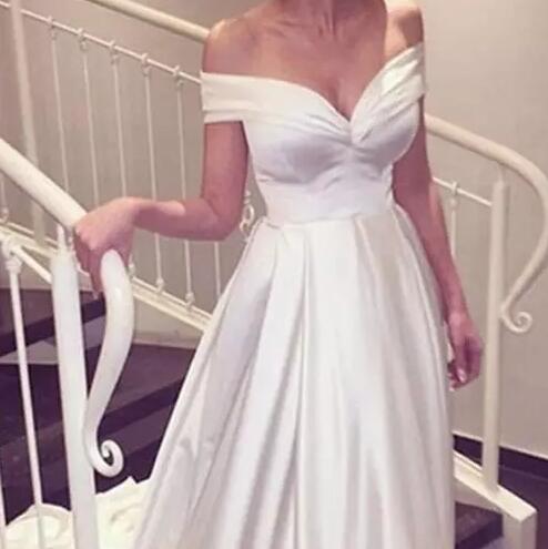 Simple 2017 Off The Shoulder Beach Wedding Dresses Cheap Elastic Silk Like Satin Sweep Train Bridal Gowns Custom Made China EN8118