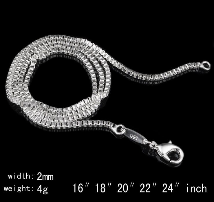 Man woman Necklace 925 sterling Silver 2MM Box Chain Necklace 16inch/18inch/20inch/22inch/24inch for Pendants