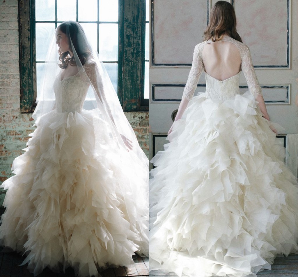 Sareh Nouri Bridal Gowns Illusion 3/4 Sleeved Keyhole Back Organza Ruffles Tiered Ball Gowns Lace Beaded Pearls Vintage Wedding Dresses, Custom made from color chart
Sareh Nouri Bridal Gowns Illusion 3/4 Sleeved Keyhole Back Organza Ruffles Tiered Ball Gowns Lace Beaded Pearls Vintage Wedding Dresses, Custom made from color chart