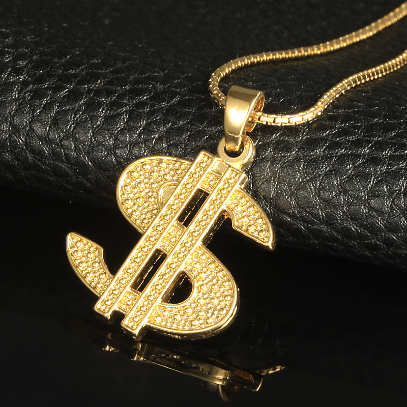 Gold Color $ Money Symbol Pendant Hip Hop Bling Crystal Dollar Sign 76cm Gold Link Chain Pendant Necklace Men Women Jewelry