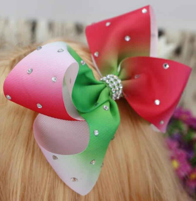 Ombre rainbow ribbon hair bow clip 6inch Large rhinestone hair bow 20pcs/