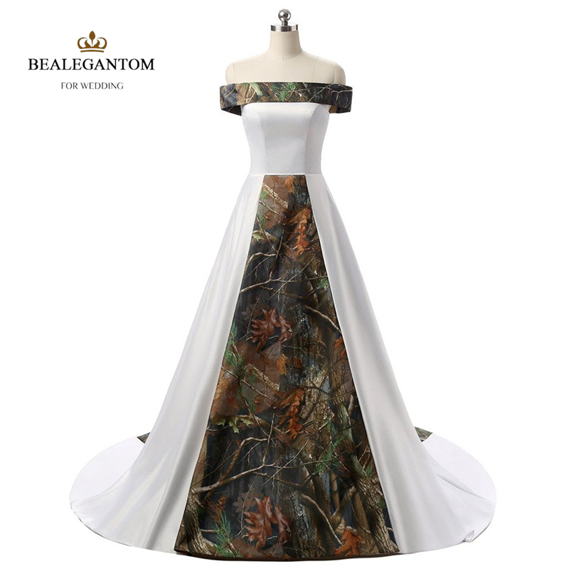 elegant strapless white and camouflage wedding dresses long satin camo wedding party bridal gowns qc135