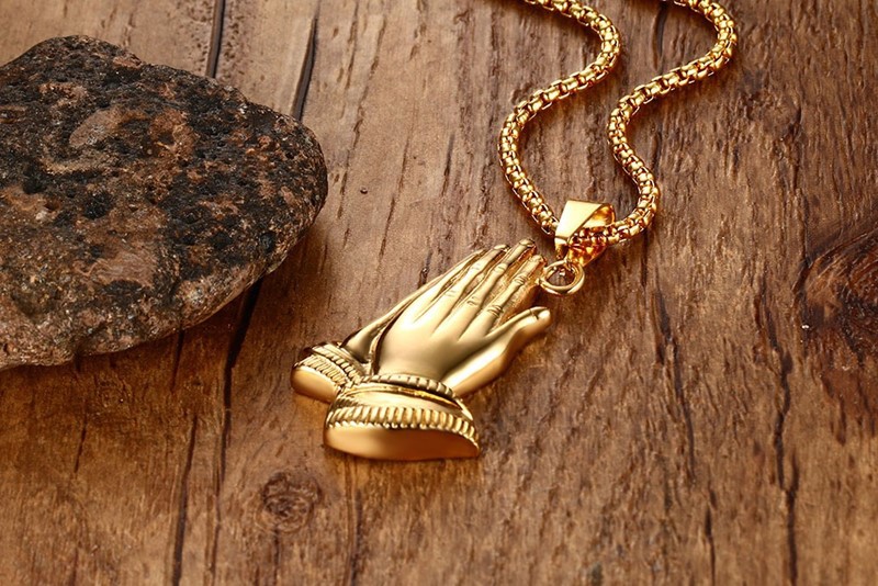 Men Gold Tone PRAYER Hand Pendant Necklaces Stainless steel Jewelry with 24" Chain PN-675