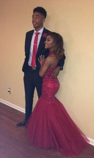 Cheap Sexy Burgundy Mermaid Prom Dress Halter Keyhole Back Sweep Train Formal Evening Party Gown Custom Made Plus Size