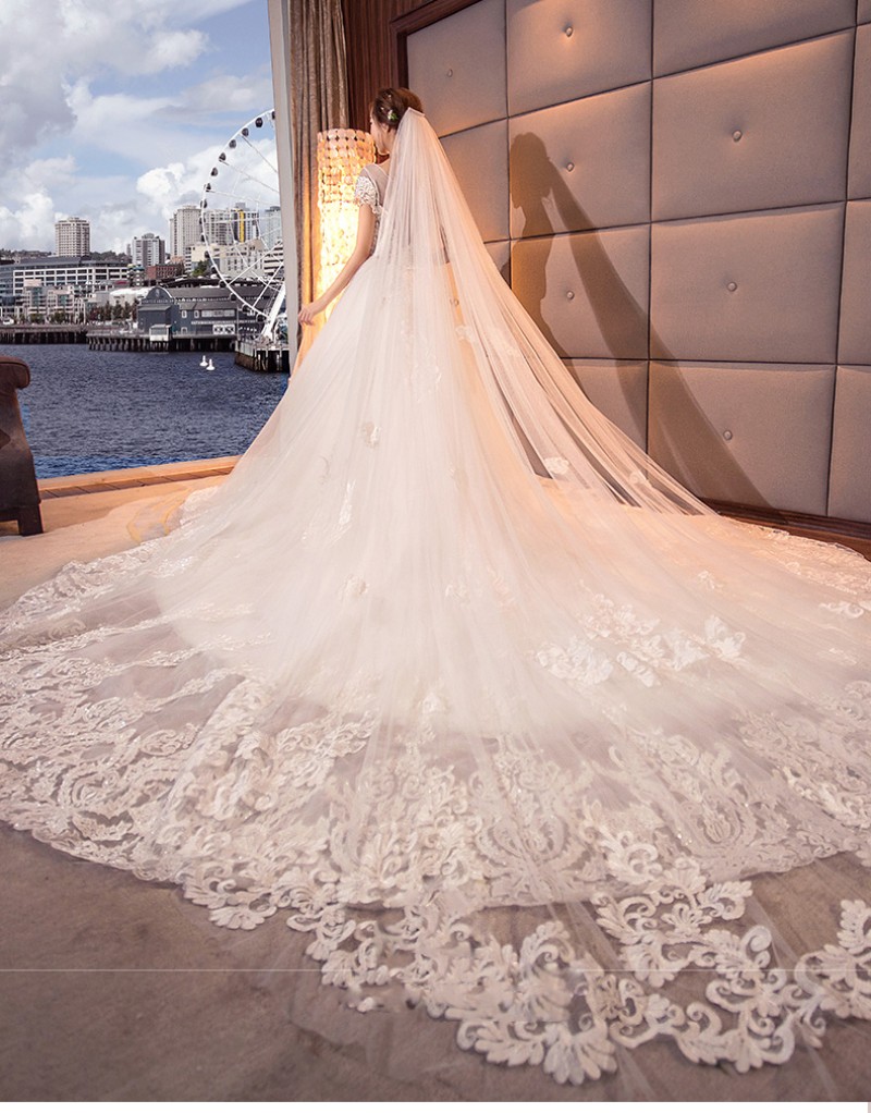 Full Applique Cathedral Veils Long Wedding Veils Beads 3 Meters Two Layers Luxury Dubai Arabic Bridal Veil Bridal Accessories