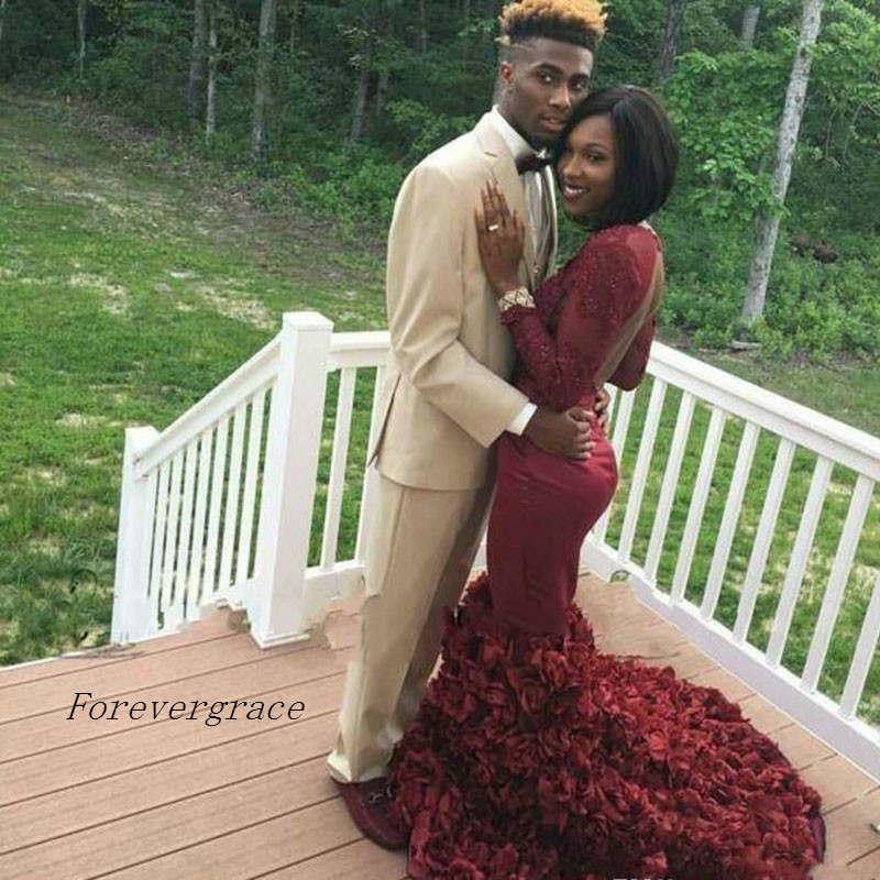 Sexy Elegant Mermaid Burgundy Black Girl Prom Dress South African Backless Long Sleeve Evening Party Gown Custom Made Plus Size
