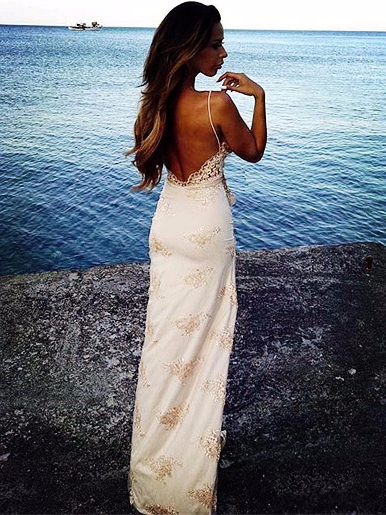 Lace Appliques Long Prom Dresses 2017 Spaghetti Straps Sexy Side Split Backless Special Occassion Prom Party Gowns