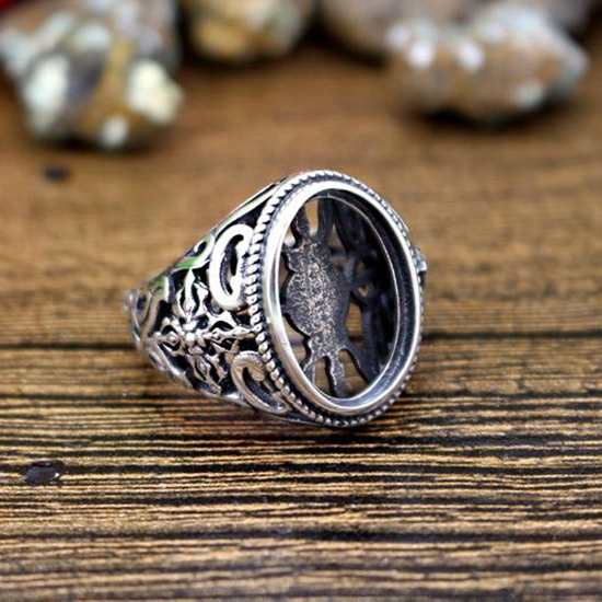 12x18mm Oval Cabochon Semi Mount 925 Sterling Silver Men Ring Art Nouveau Fine Silver Antique Vintage