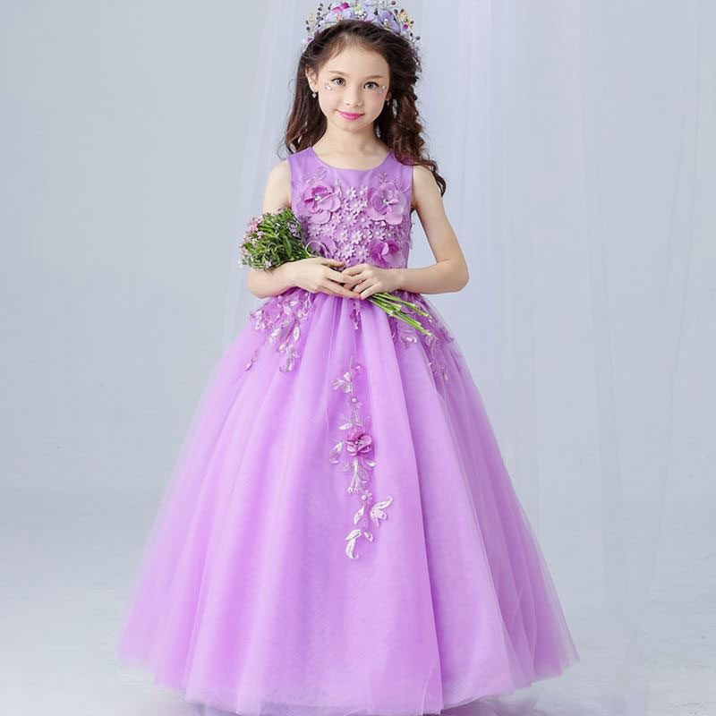 Violet Tulle Lace Flower Girl Wedding Dress Ankle Length Appliques Bead Kids Party Prom Dresses First Communion Dresses