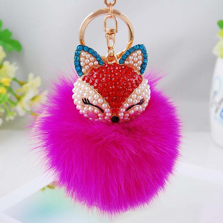18Color Cute Bling Rhinestone Keychains Fox Real Rabbit Fur Ball y Keychain Car Key Chain Ring Pendant For Bag Charm