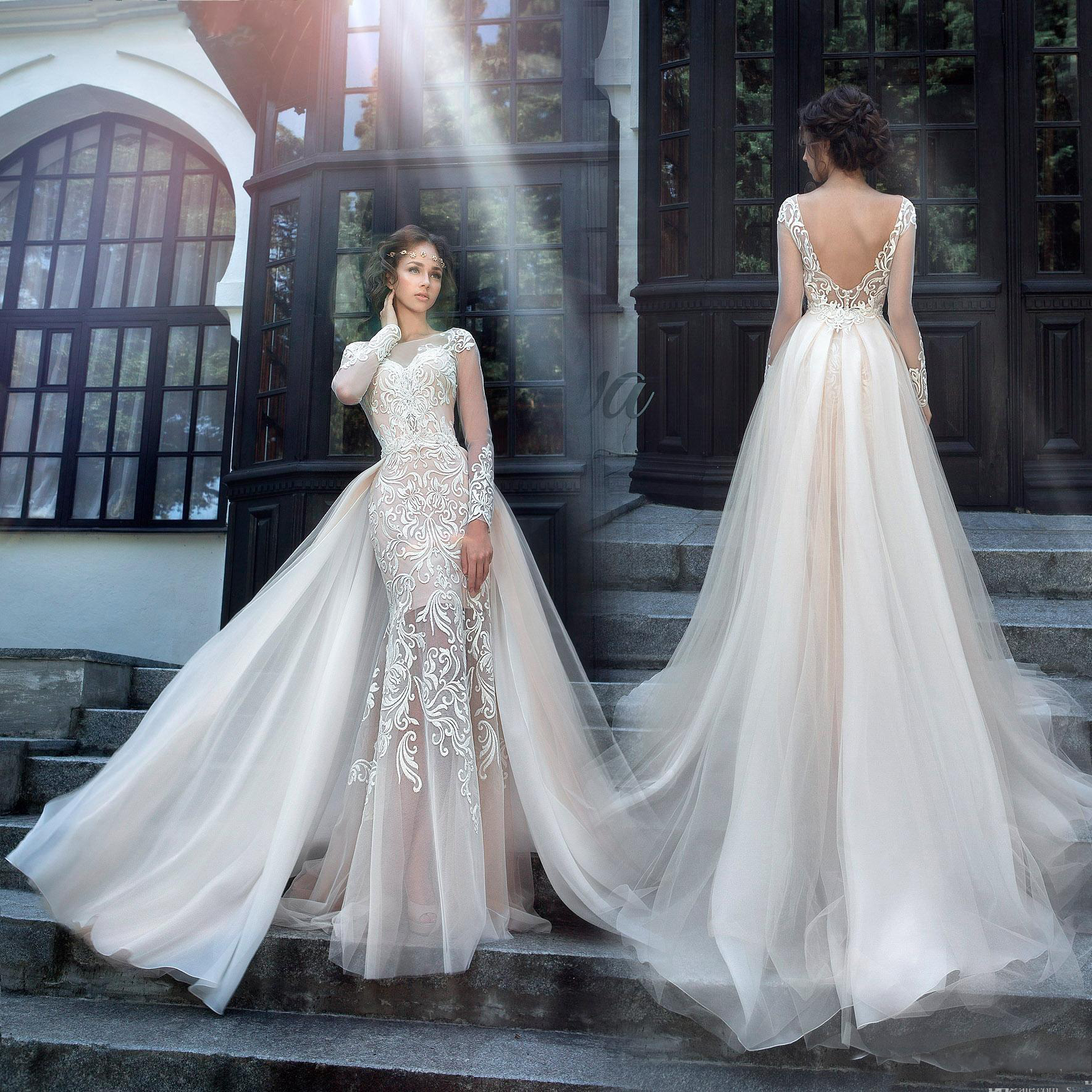 2017 Gorgeous BOHO Mermaid Wedding Dresses Lace Applique Illusion Long Sleeves Backless Bridal Gown With Removable OverSkirt, Pink
2017 Gorgeous BOHO Mermaid Wedding Dresses Lace Applique Illusion Long Sleeves Backless Bridal Gown With Removable OverSkirt, Pink