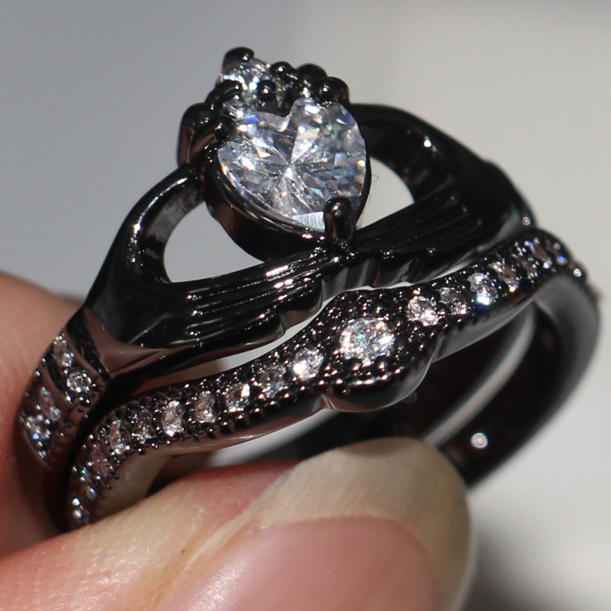 Exquisite 10K Black Gold Filled Heart Topaz Wedding Bridal Claddagh Ring Set for Women, Sizes 5-11