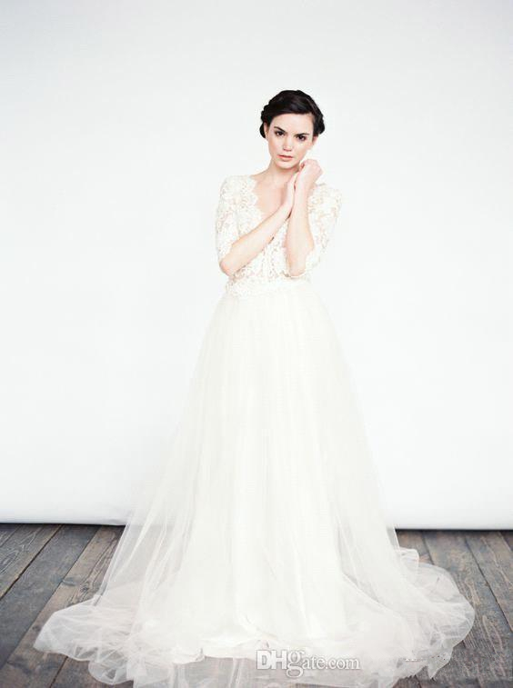 Garden Bohemian Dresses Country Boho Lace Wedding Half Long Sleeve Deep V Neck Bridal Gowns Puffy Tulle Skirt Custom Made 0510