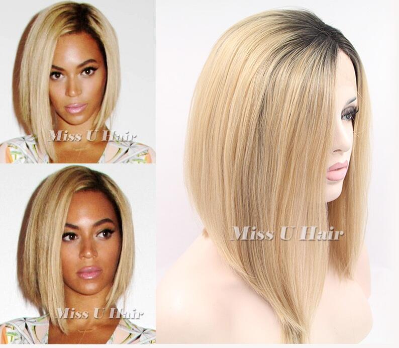 Fashion synthetic Black Ombre Blonde Lace front wigs womens short straight hair wigs