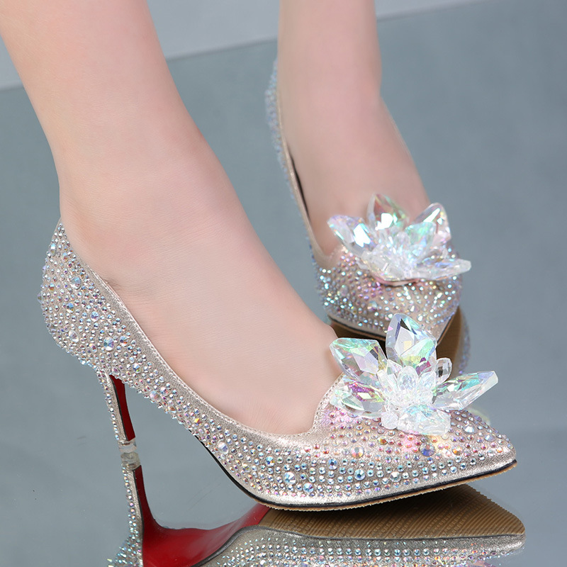 Cinderella Girls Party Prom Homecoming Shoes 2017 Bling Bling Crystals Rhinestones High Heels Silver Champagne Wedding Shoes for Brides